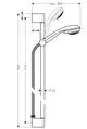 Hansgrohe Brauseset mit verstellbarer Brausestange, Duschkopf und flexibler Brauseschlauch, abgebildet in einer technischen Skizze. Maßen und Details erkennbar.